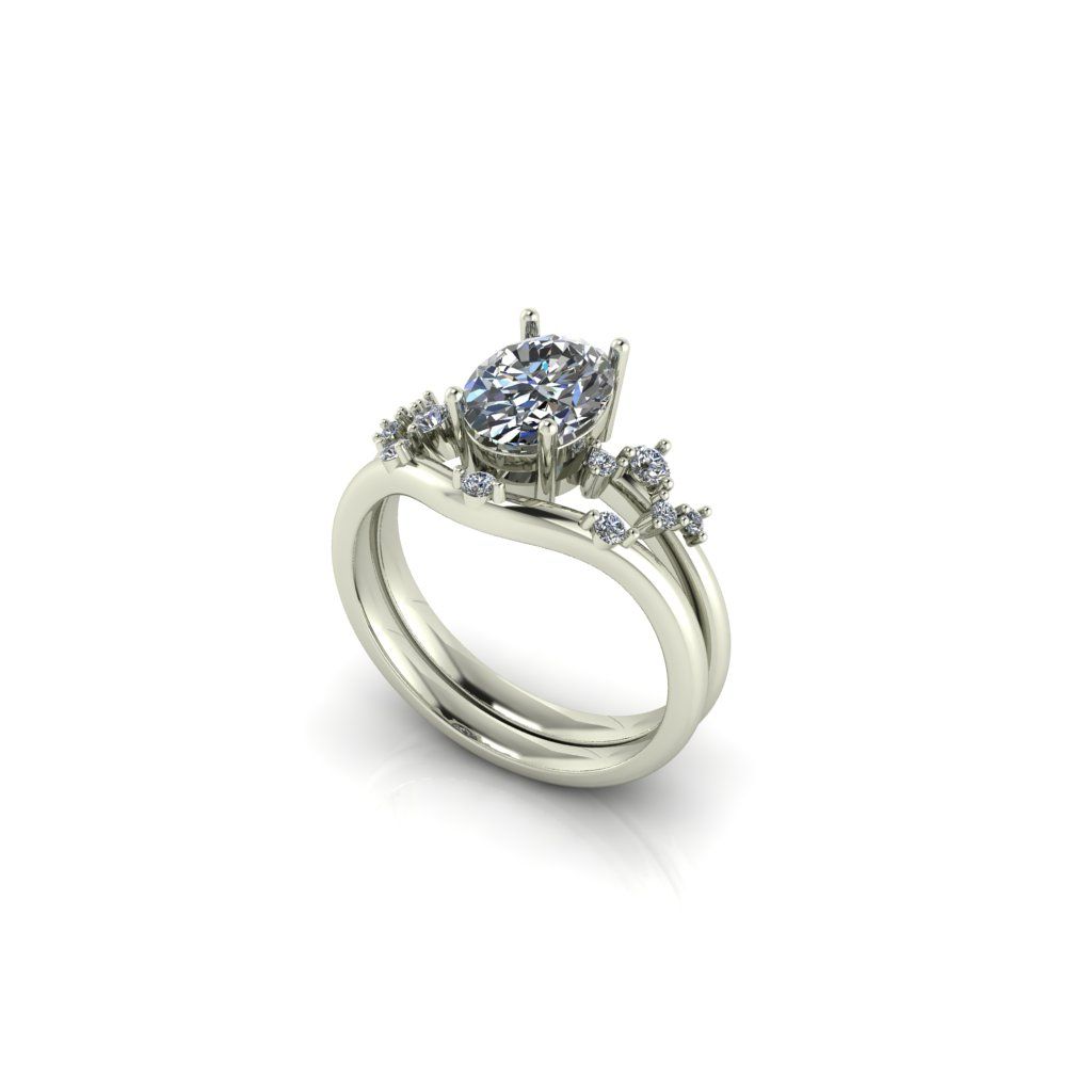 Dúo de Anillo de Compromiso y Alianza de Boda en Oro con Corte Ovalado