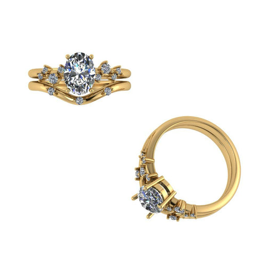 Dúo de Anillo de Compromiso y Alianza de Boda en Oro con Corte Ovalado