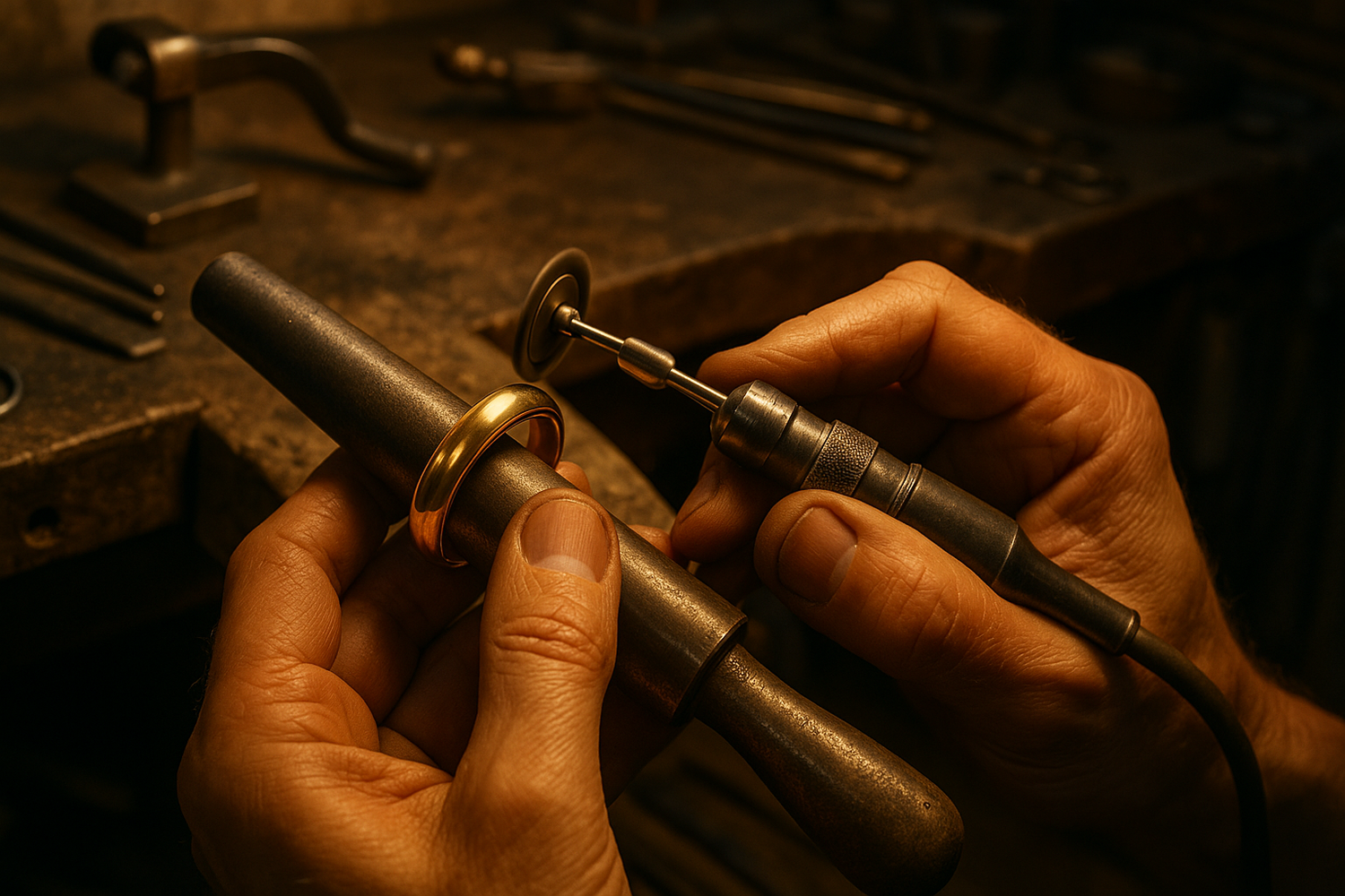 Manos de nombre elaborando anillo de oro artesanalmente