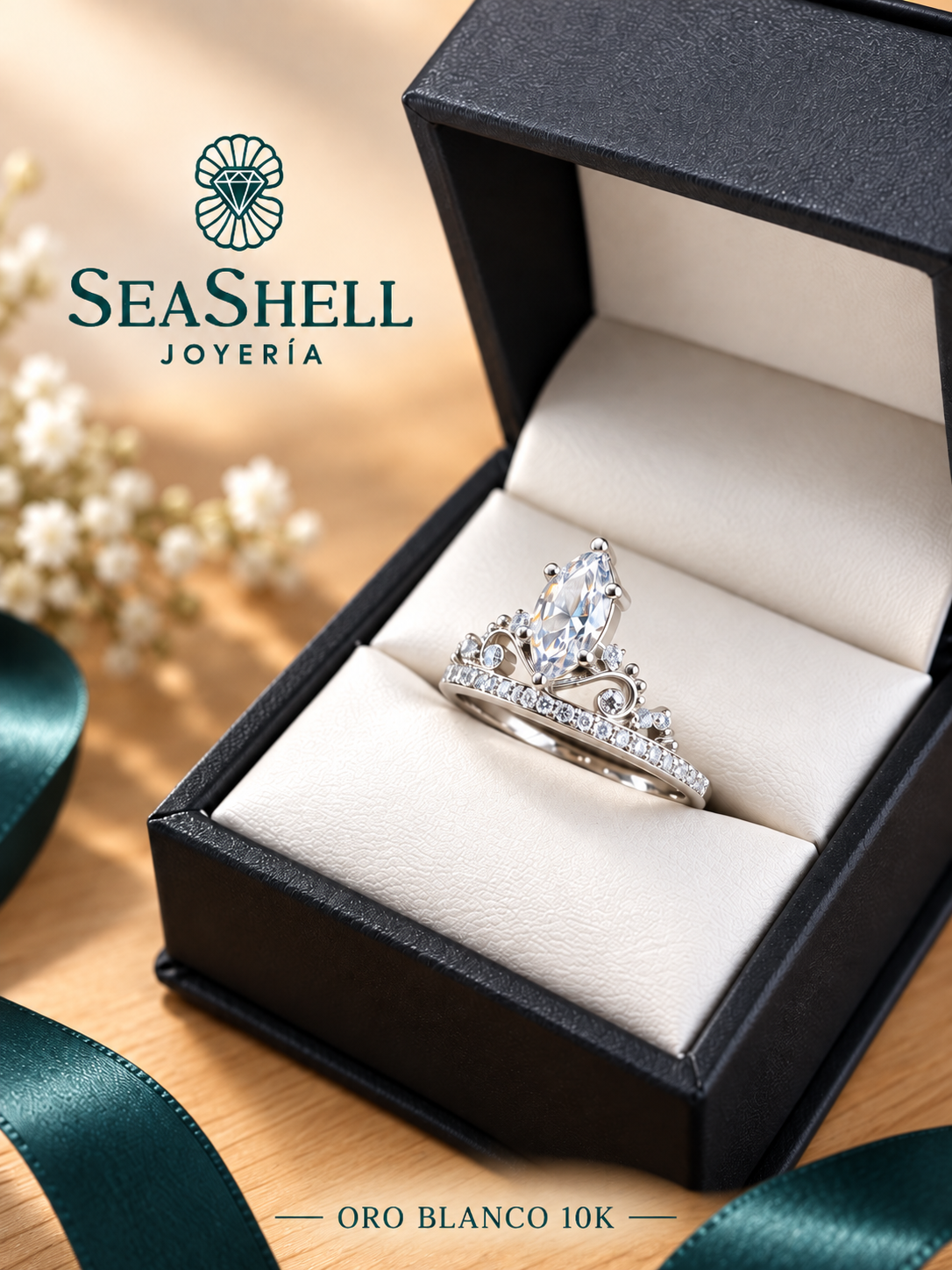 Anillo de compromiso con diseño de lágrima, elaborado en oro y realzado con un centro de corte pera y un delicado halo de diamantes. Una pieza elegante y romántica, ideal para celebrar un momento inolvidable.