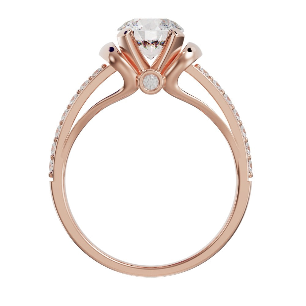 Rose gold ring with a diamond on a white background