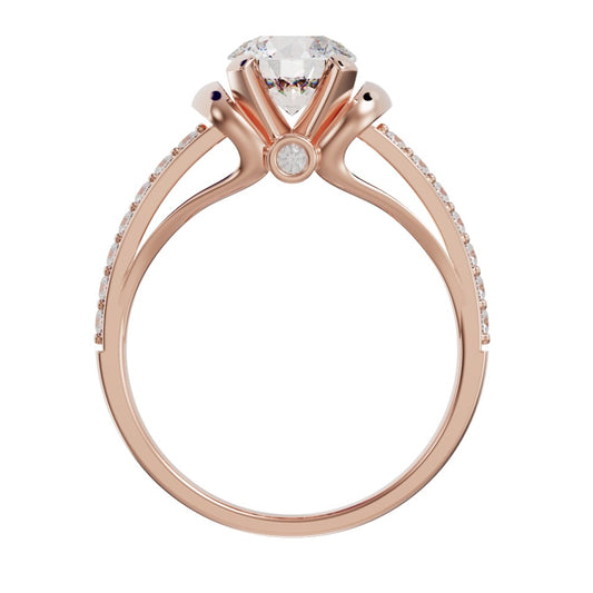 Rose gold ring with a diamond on a white background