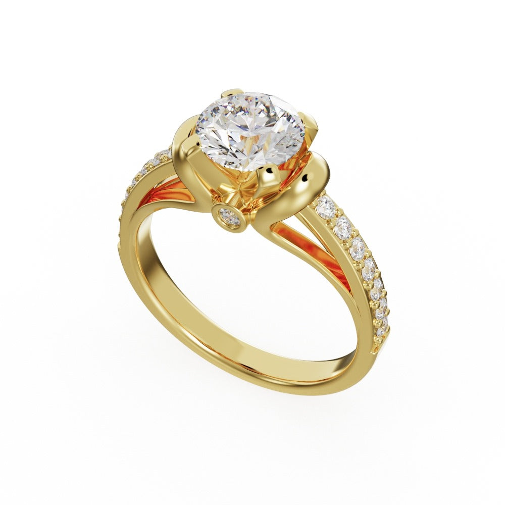 Gold ring with a large diamond and smaller diamonds on the band against a white background