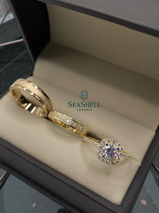 Trío de Anillos de Boda en Oro Amarillo de 10 kilates
